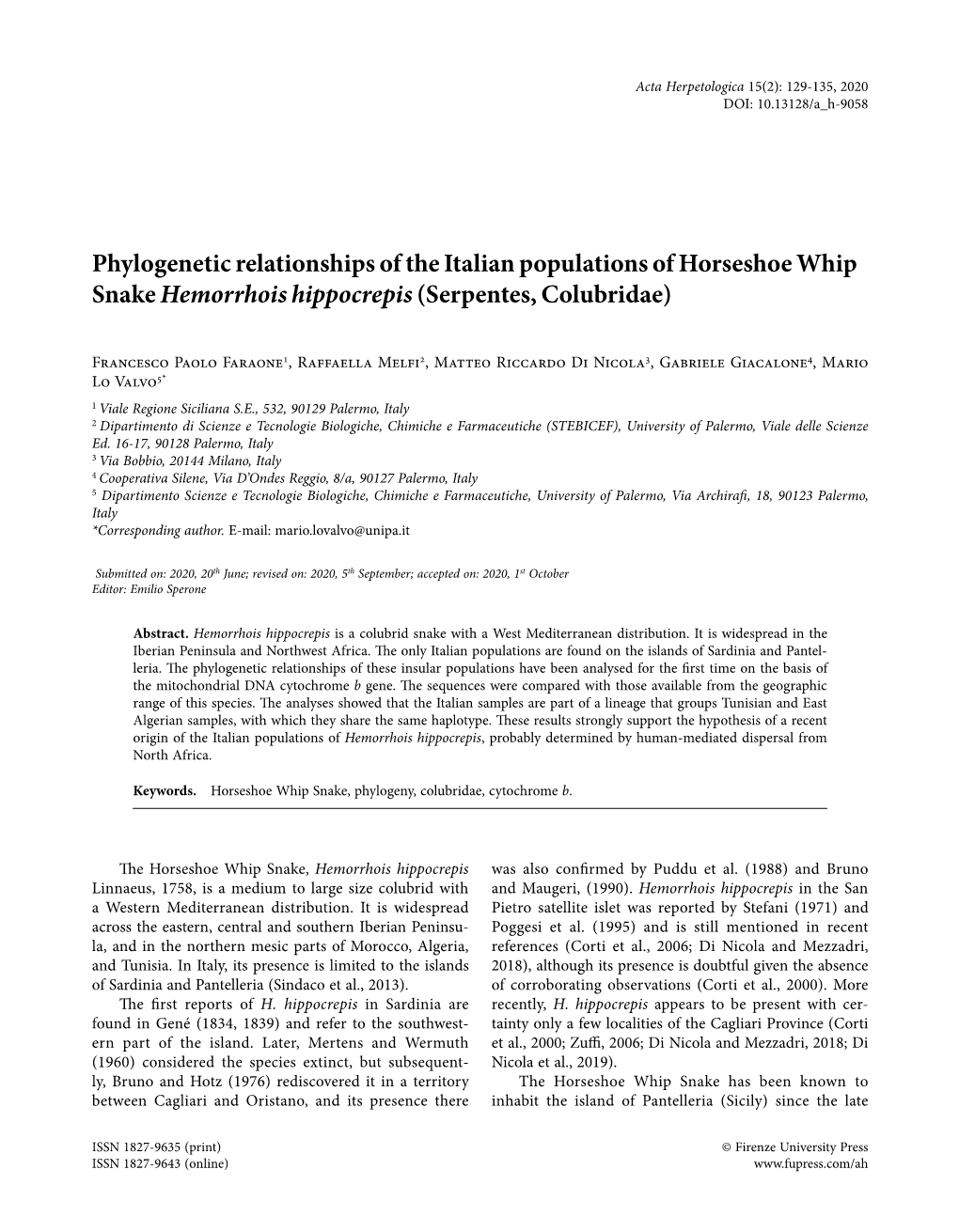 Phylogenetic Relationships of the Italian Populations of Horseshoe Whip Snake Hemorrhois Hippocrepis (Serpentes, Colubridae)