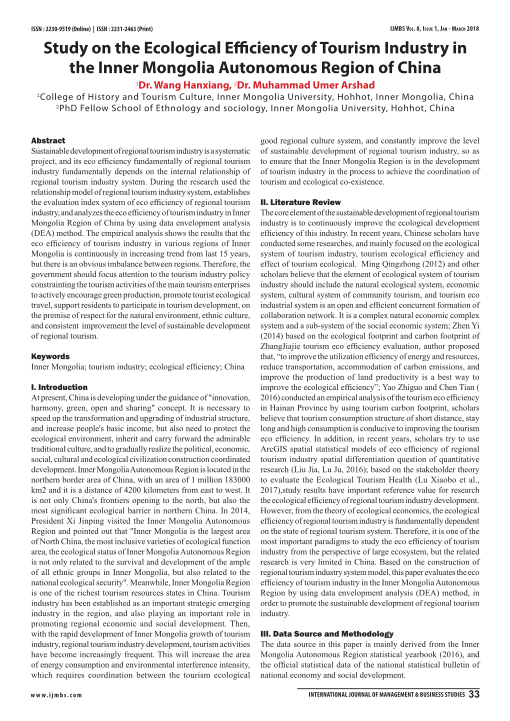 Study on the Ecological Efficiency of Tourism Industry in the Inner Mongolia Autonomous Region of China 1Dr