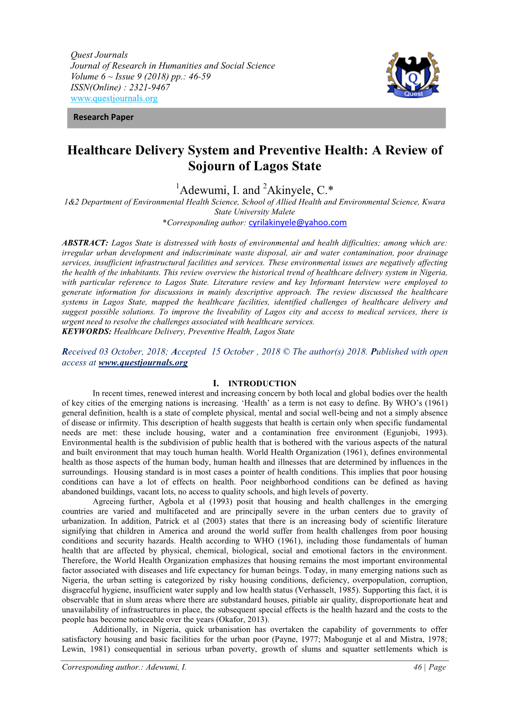 Healthcare Delivery System and Preventive Health: a Review of Sojourn of Lagos State