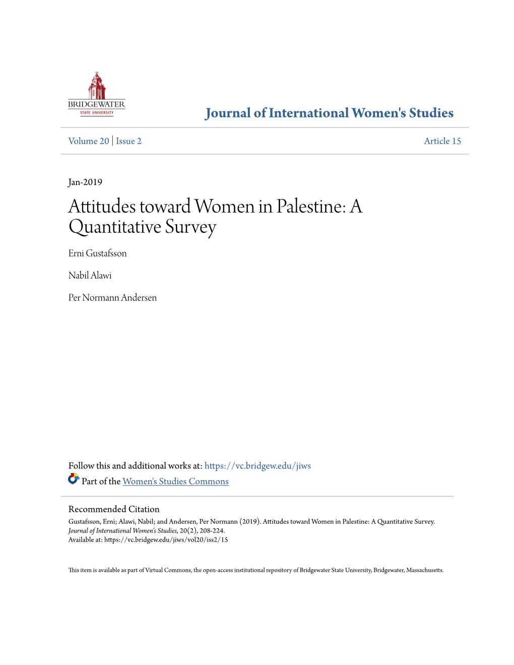 Attitudes Toward Women in Palestine: a Quantitative Survey Erni Gustafsson