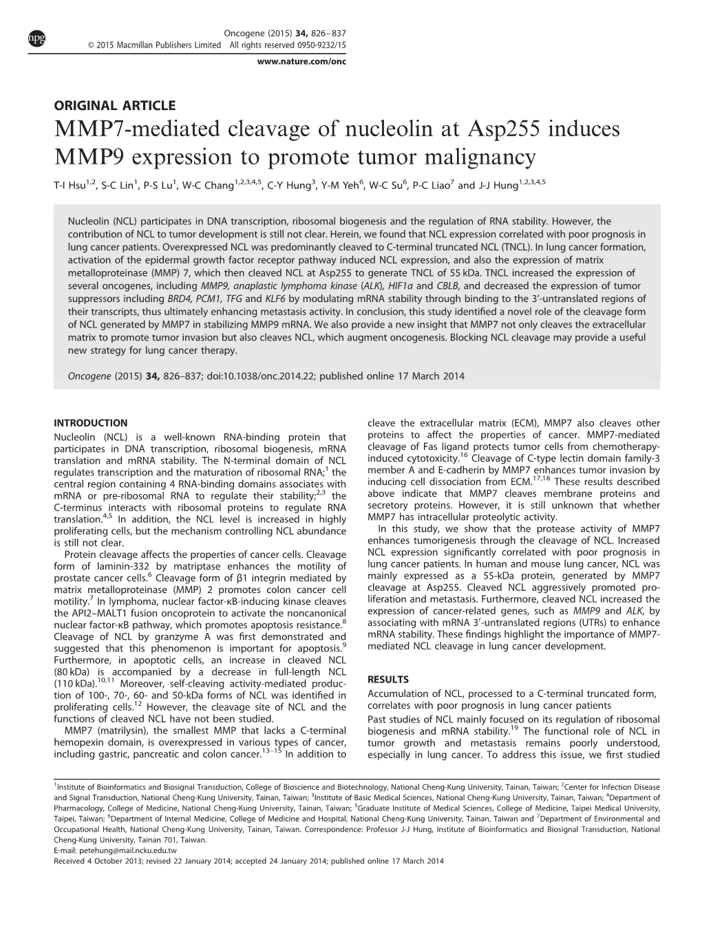 MMP7-Mediated Cleavage of Nucleolin at Asp255 Induces MMP9 Expression to Promote Tumor Malignancy