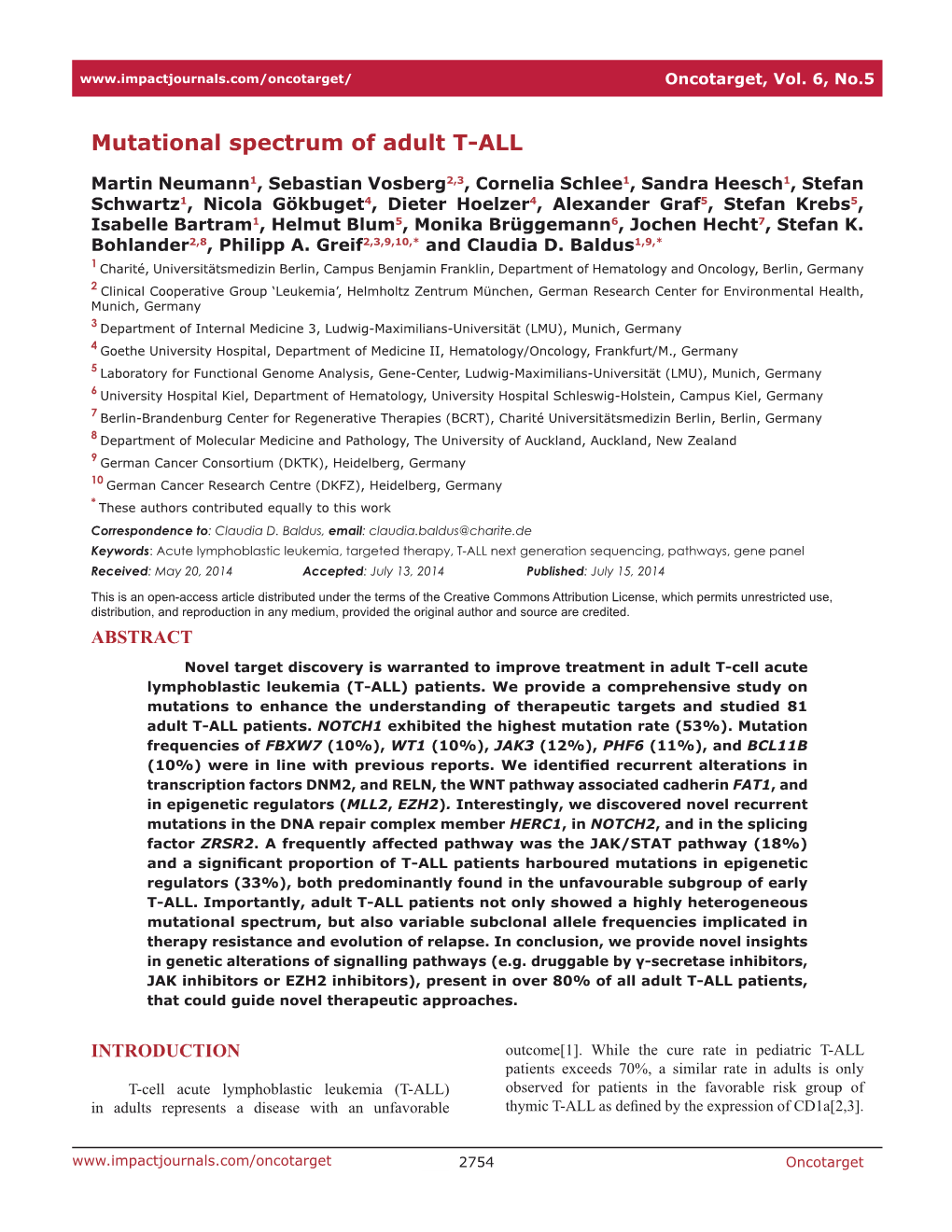 Mutational Spectrum of Adult T-ALL