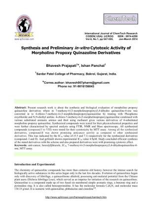 Synthesis and Preliminary In-Vitro Cytotoxic Activity of Morpholino Propoxy Quinazoline Derivatives