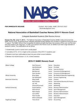 National Association of Basketball Coaches Names 2010-11 Honors Court