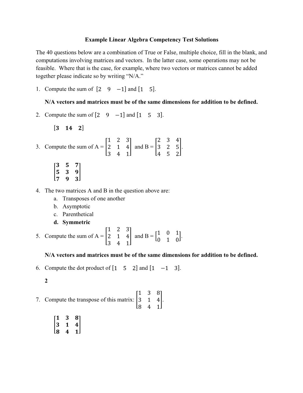 Example Linear Algebra Competency Test Solutions the 40 Questions