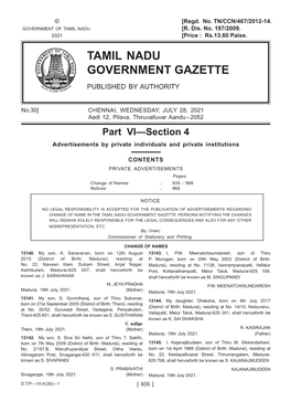 Tamil Nadu Government Gazette Published by Authority