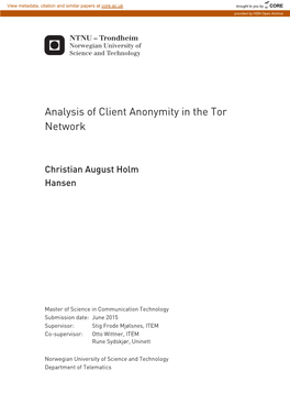 Analysis of Client Anonymity in the Tor Network