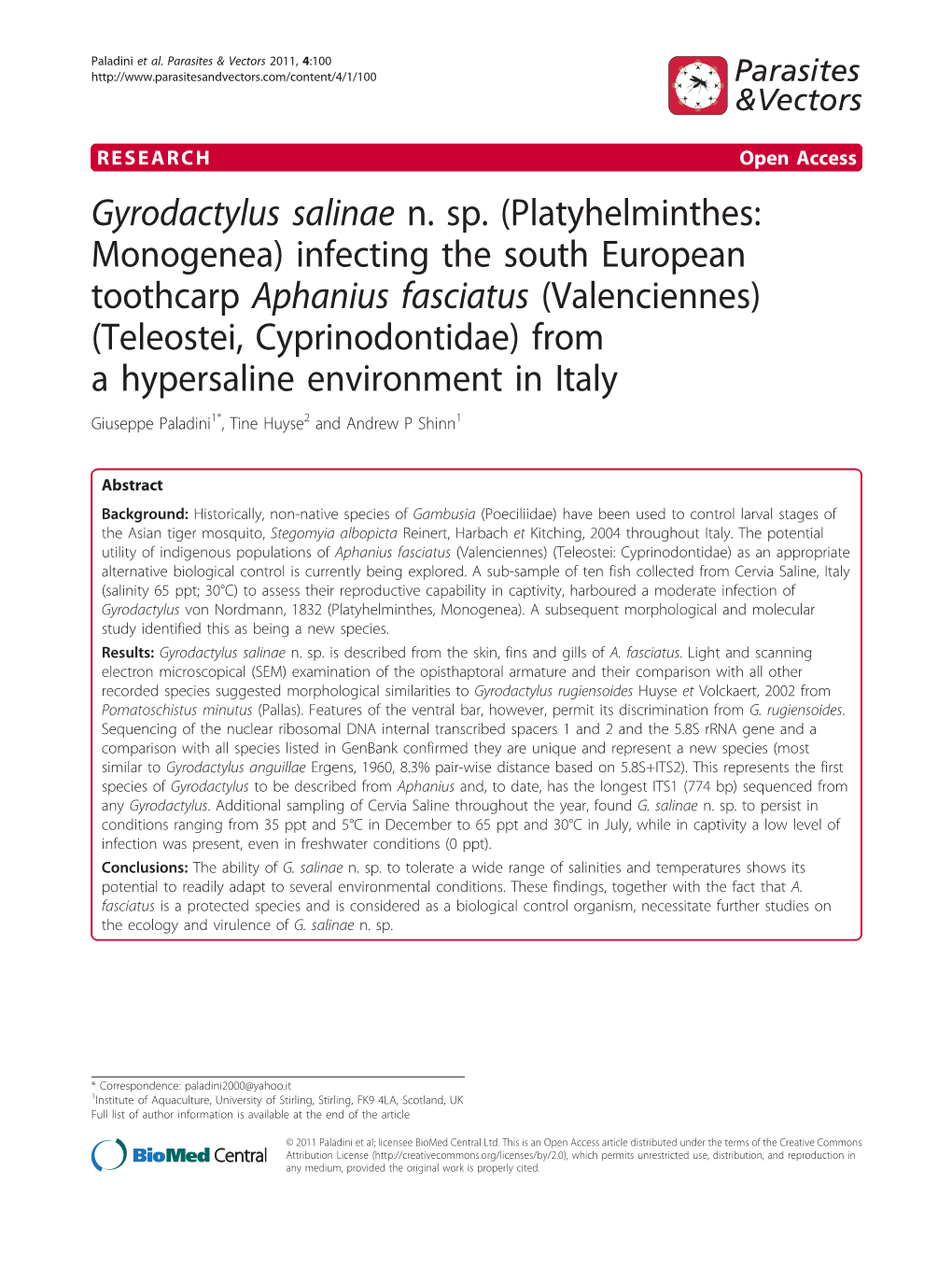 Gyrodactylus Salinae N. Sp. (Platyhelminthes: Monogenea)