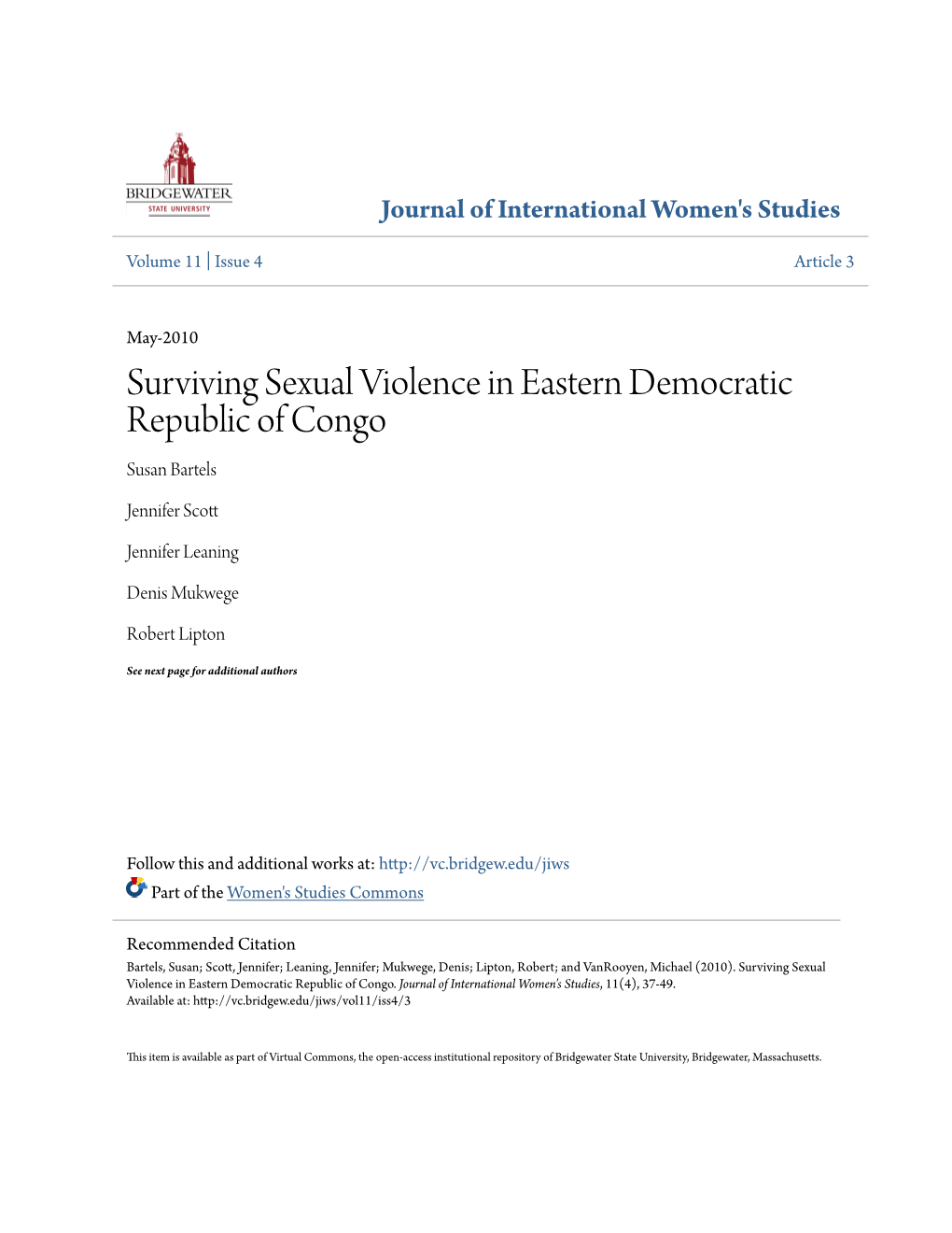 Surviving Sexual Violence in Eastern Democratic Republic of Congo Susan Bartels