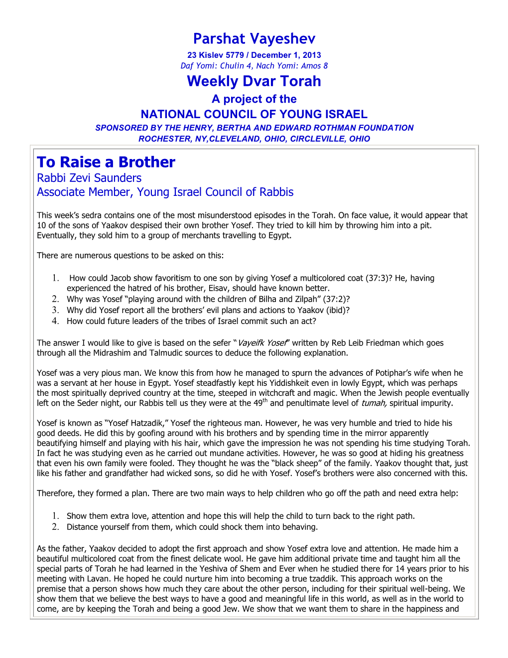 Parshat Vayeshev Weekly Dvar Torah to Raise a Brother