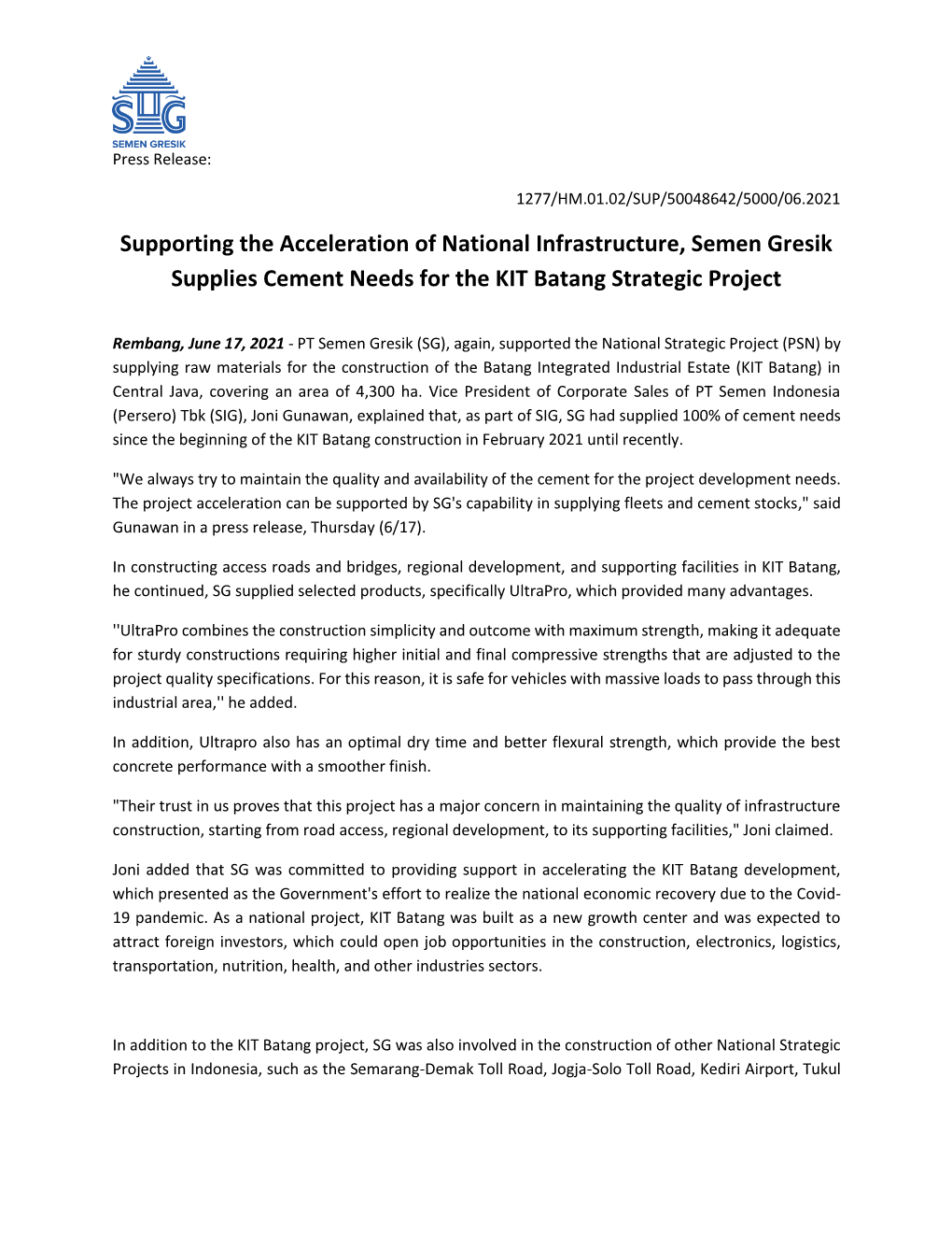 Supporting the Acceleration of National Infrastructure, Semen Gresik Supplies Cement Needs for the KIT Batang Strategic Project