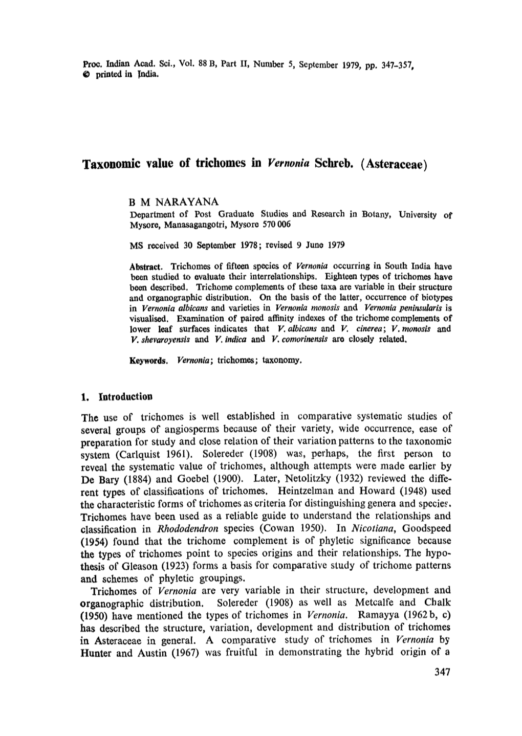 Taxonomic Value of Trichomes in &lt;Emphasis Type="Italic"&gt;Vernonia