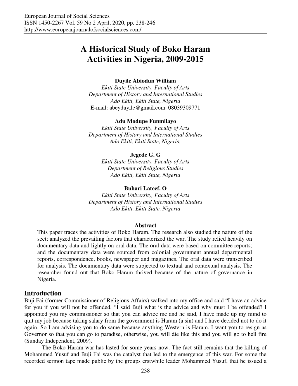 A Historical Study of Boko Haram Activities in Nigeria, 2009-2015
