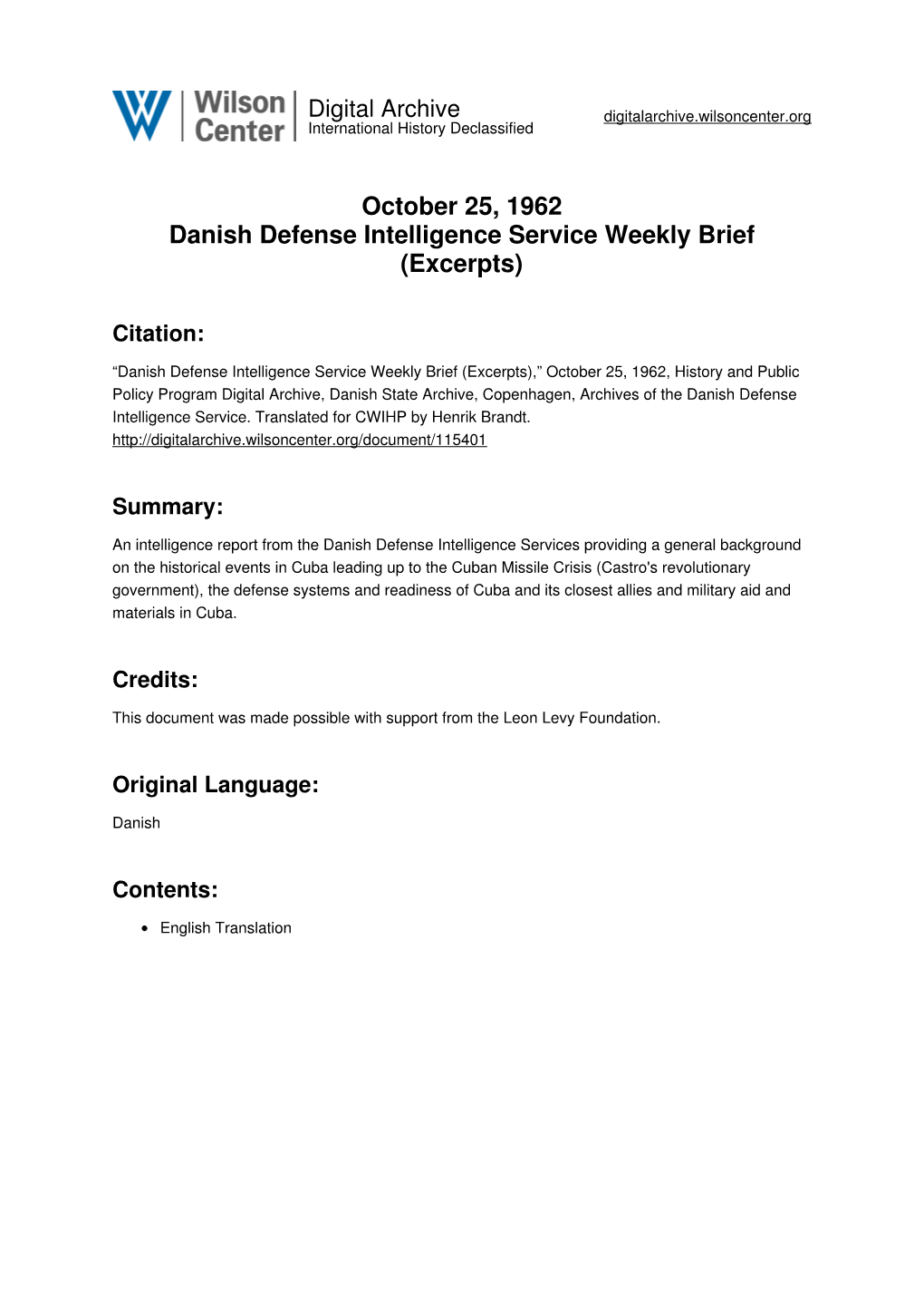 October 25, 1962 Danish Defense Intelligence Service Weekly Brief (Excerpts)