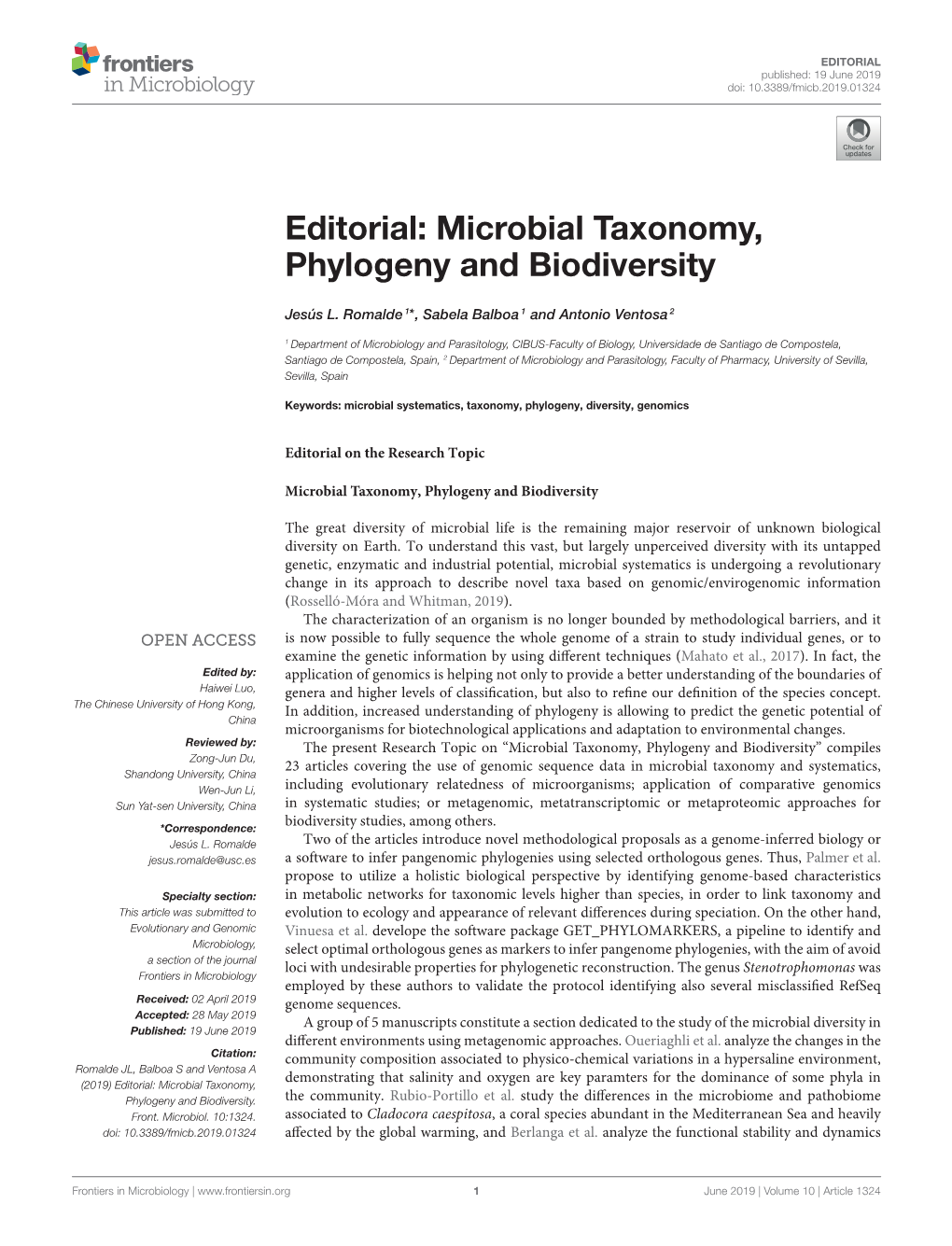 Editorial: Microbial Taxonomy, Phylogeny and Biodiversity