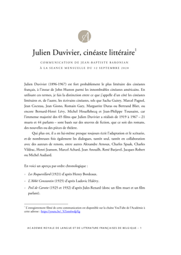Julien Duvivier, Cinéaste Littéraire1