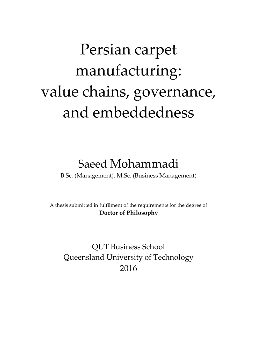 Persian Carpet Manufacturing: Value Chains, Governance, and Embeddedness
