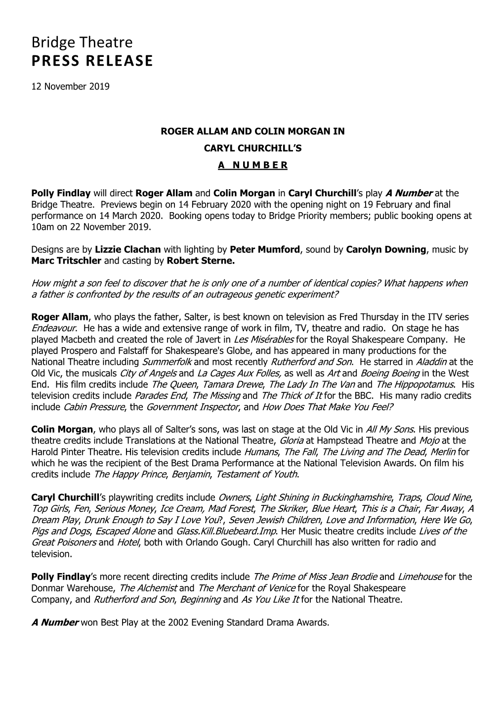 Bridge Theatre PRESS RELEASE