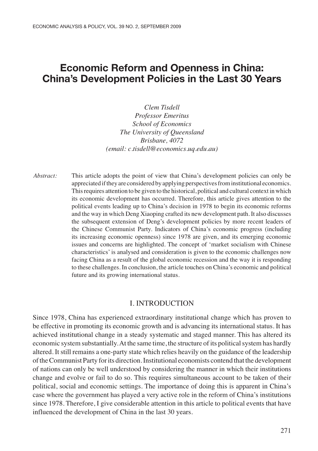 China's Development Policies in the Last 30 Years