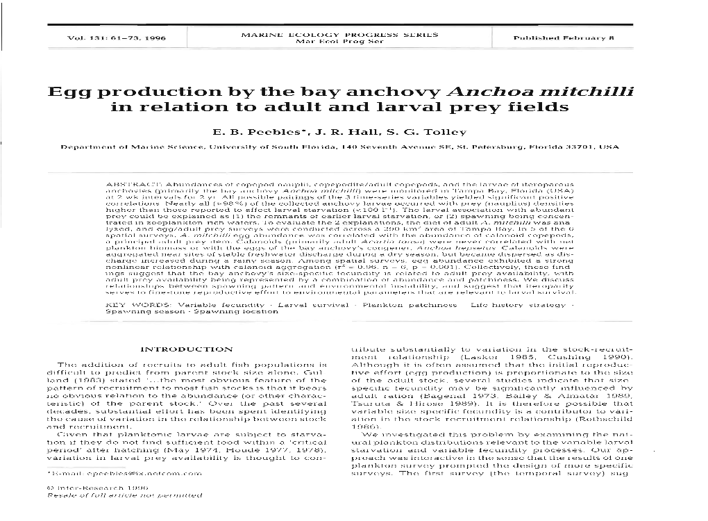 Egg Production by the Bay Anchovy Anchoa Mitchilli in Relation to Adult and Larval Prey Fields