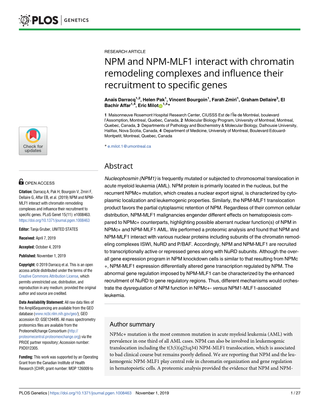 NPM and NPM-MLF1 Interact with Chromatin Remodeling Complexes and Influence Their Recruitment to Specific Genes