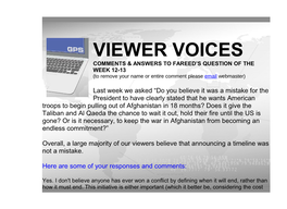 VIEWER VOICES COMMENTS & ANSWERS to FAREED’S QUESTION of the WEEK 12-13 (To Remove Your Name Or Entire Comment Please Email Webmaster)