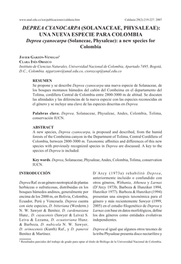 DEPREA CYANOCARPA (SOLANACEAE, PHYSALEAE): UNA NUEVA ESPECIE PARA COLOMBIA Deprea Cyanocarpa (Solanceae, Physaleae): a New Species for Colombia