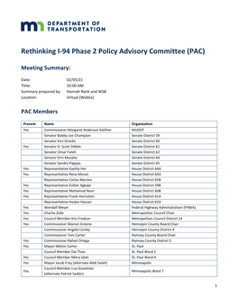 Rethinking I-94 Policy Advisory Committee Meeting Summary