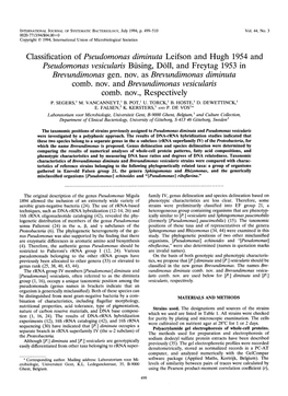 Classification of Pseudomonas Diminuta Leifson and Hugh 1954 and Pseudomonas Vesicularis Busing, Doll, and Freytag 1953 in Brevundimonas Gen
