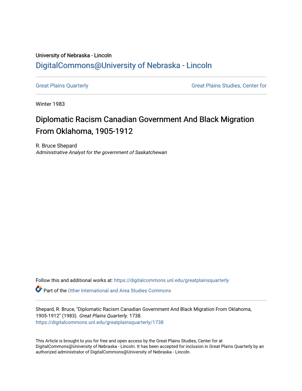 Diplomatic Racism Canadian Government and Black Migration from Oklahoma, 1905-1912