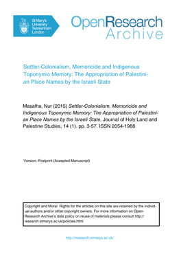 Settler-Colonialism, Memoricide and Indigenous Toponymic Memory: the Appropriation of Palestini- an Place Names by the Israeli State