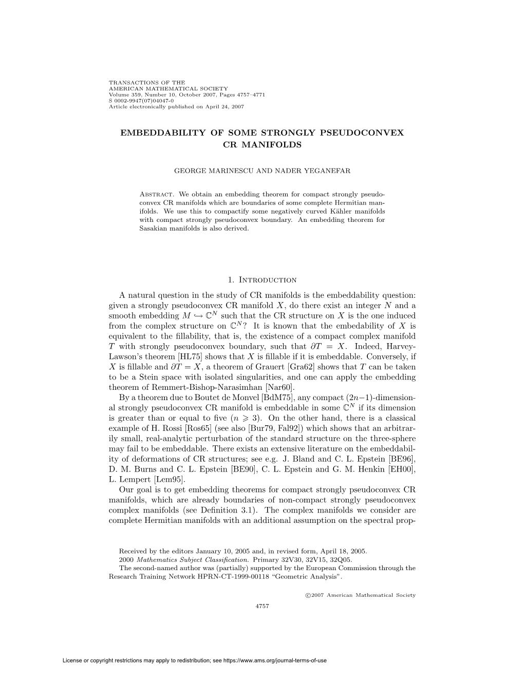 Embeddability of Some Strongly Pseudoconvex Cr Manifolds