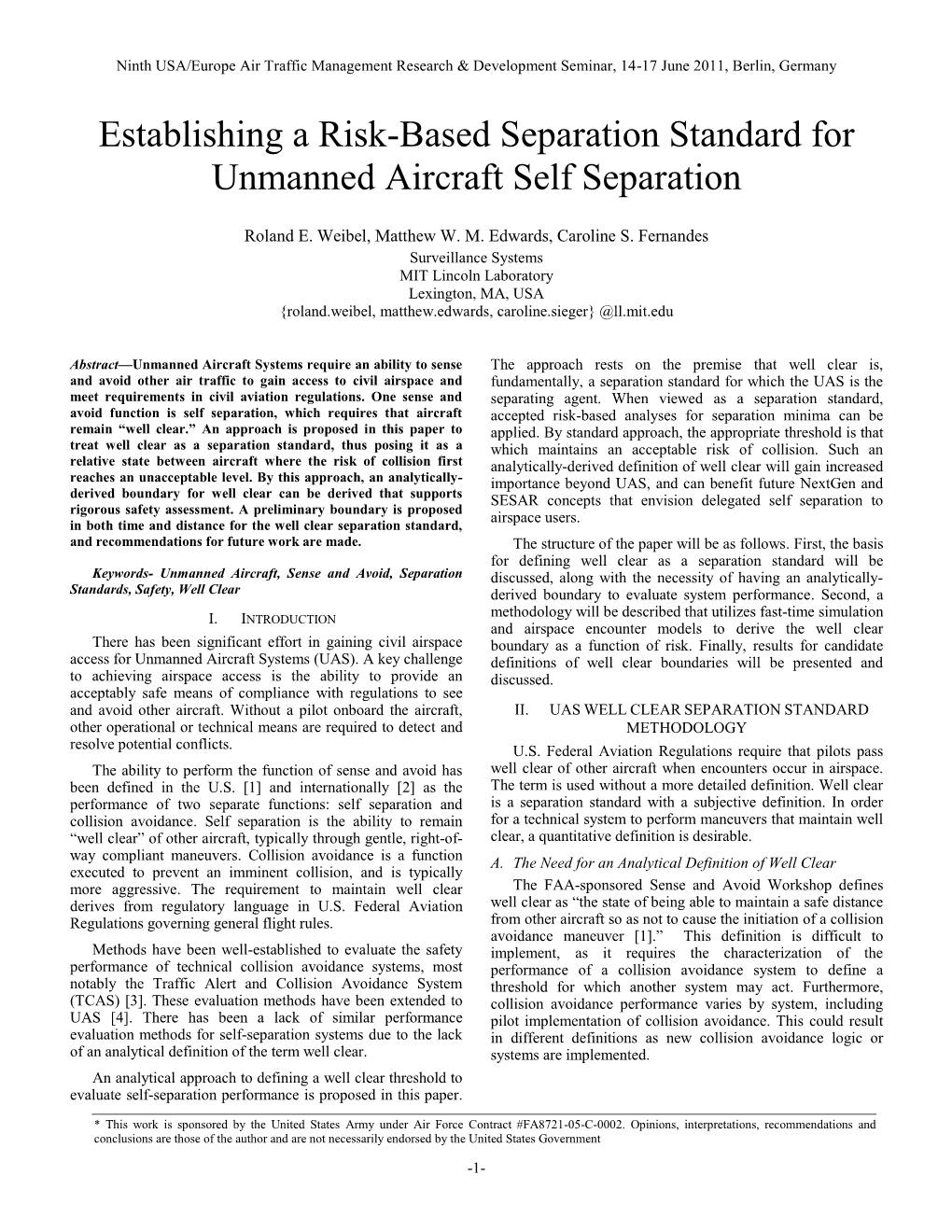 Establishing a Risk-Based Separation Standard for Unmanned Aircraft Self Separation
