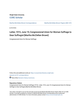 Letter, 1915, June 19, Congressional Union for Woman Suffrage to Dear Suffragist [Martha Mcclellan Brown]