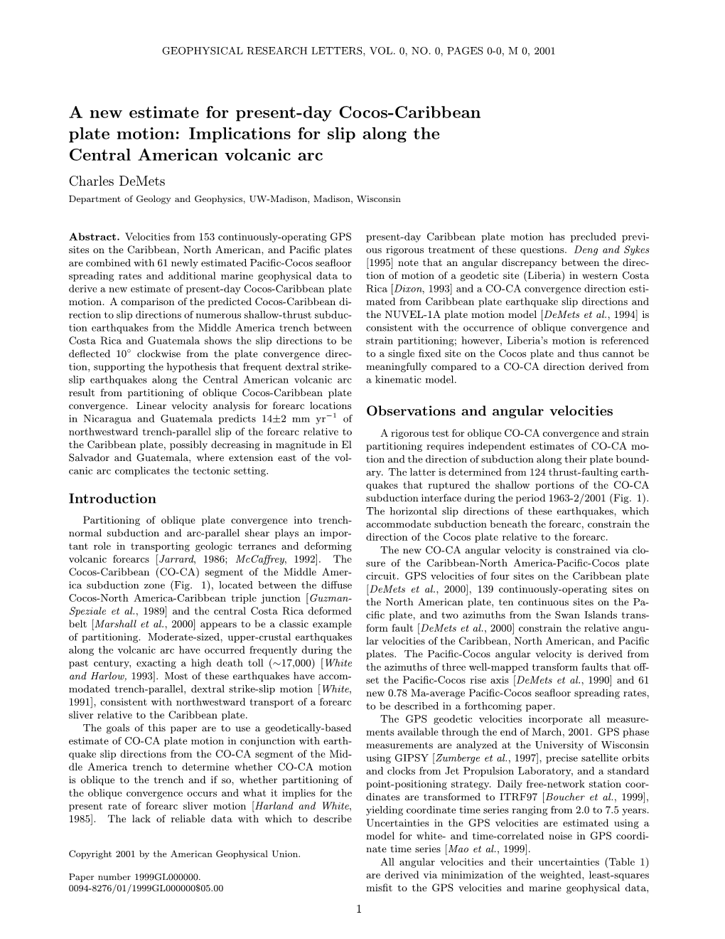 A New Estimate for Present-Day Cocos-Caribbean Plate Motion