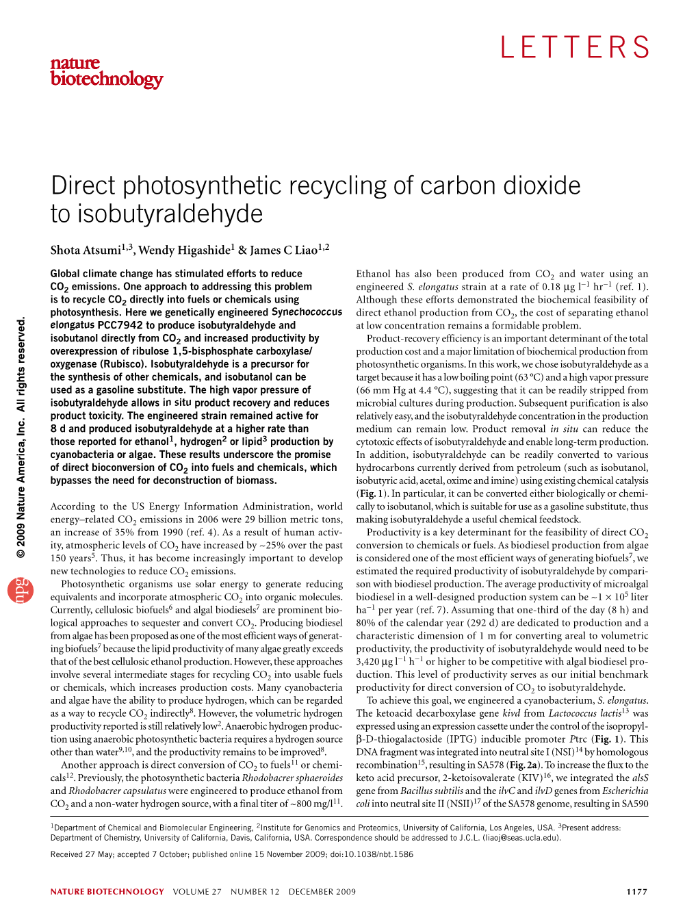 Direct Photosynthetic Recycling of Carbon Dioxide to Isobutyraldehyde