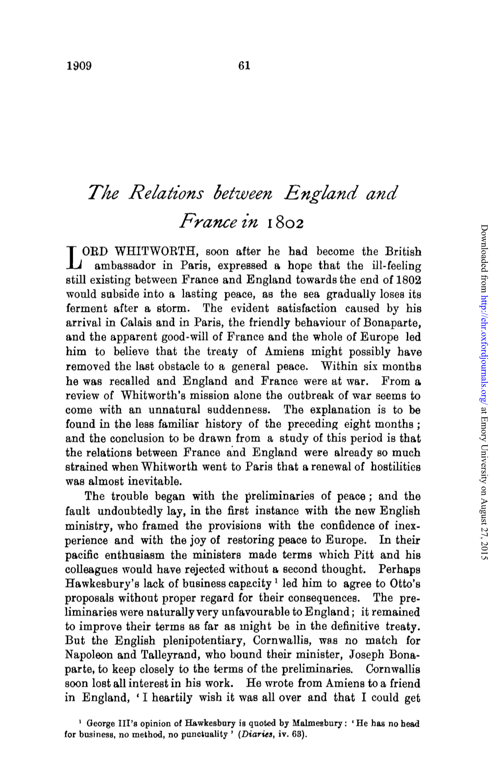 Tjie Relations Between England and France in 1802