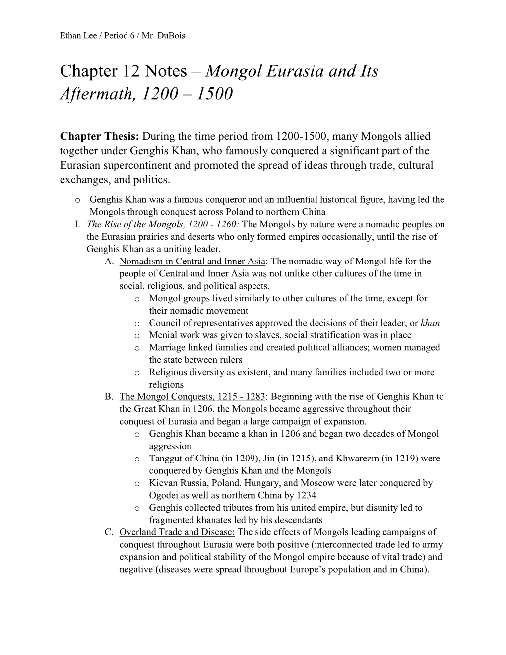 Chapter 12 Notes – Mongol Eurasia and Its Aftermath, 1200 – 1500