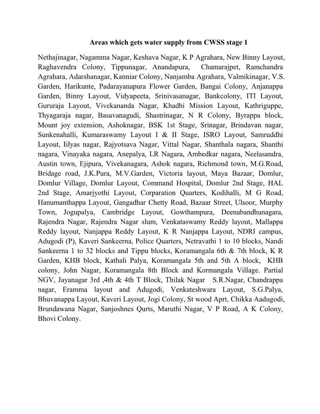Areas Which Gets Water Supply from CWSS Stage 1 Nethajinagar, Nagamma Nagar, Keshava Nagar, K P Agrahara, New Binny Layout, Ragh
