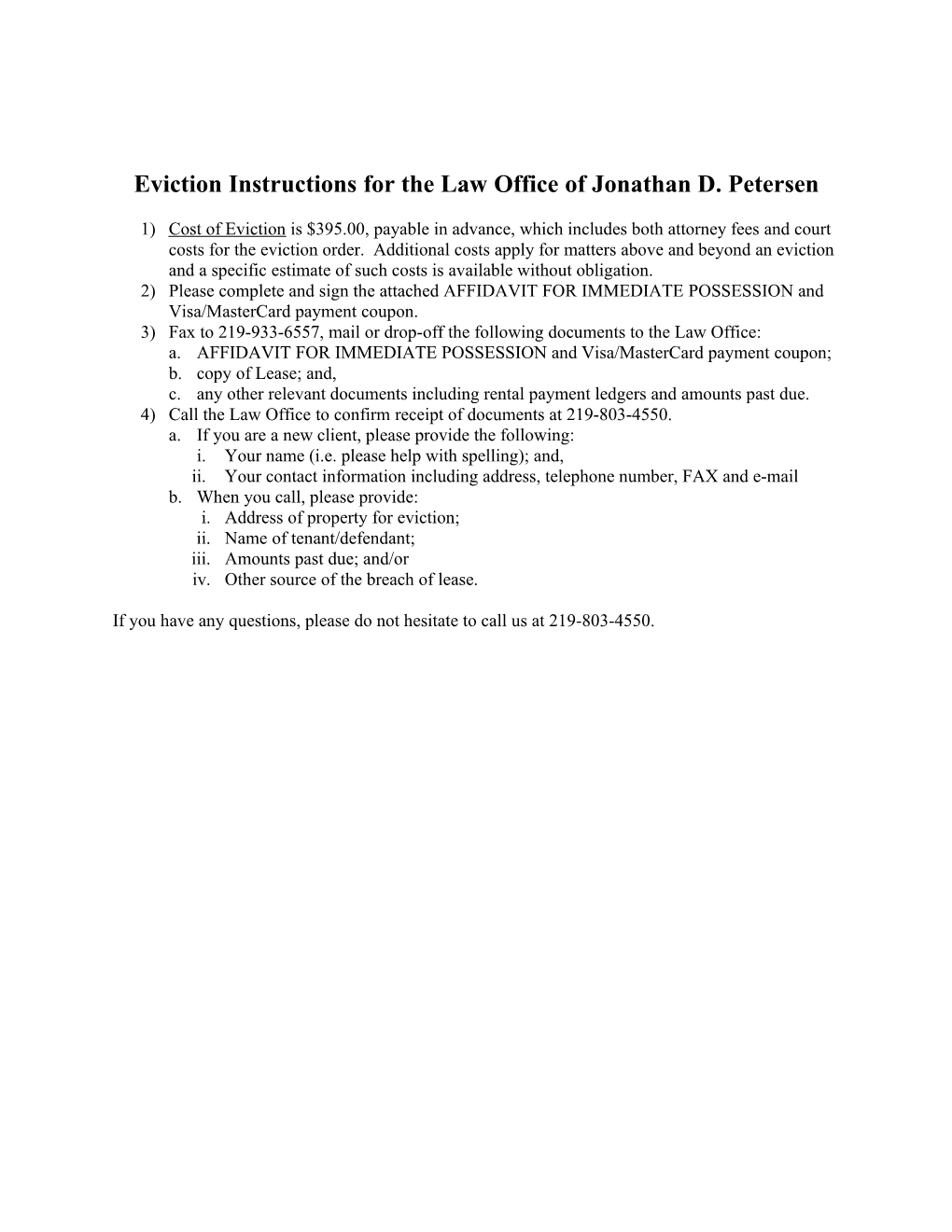 Eviction Instructions for the Law Office of Jonathan D. Petersen