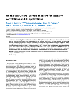 On the Van Cittert - Zernike Theorem for Intensity Correlations and Its Applications