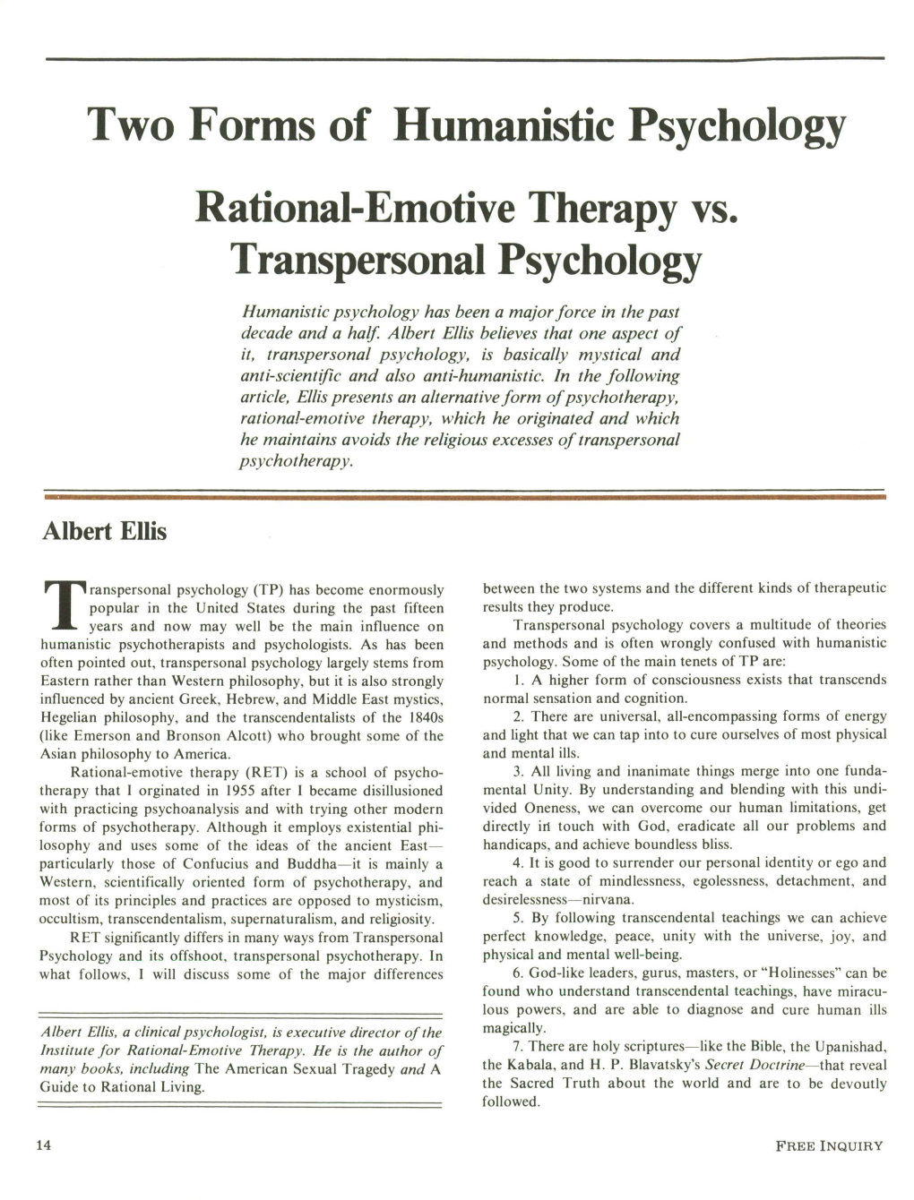 Two Forms of Humanistic Psychology Rational-Emotive Therapy Vs