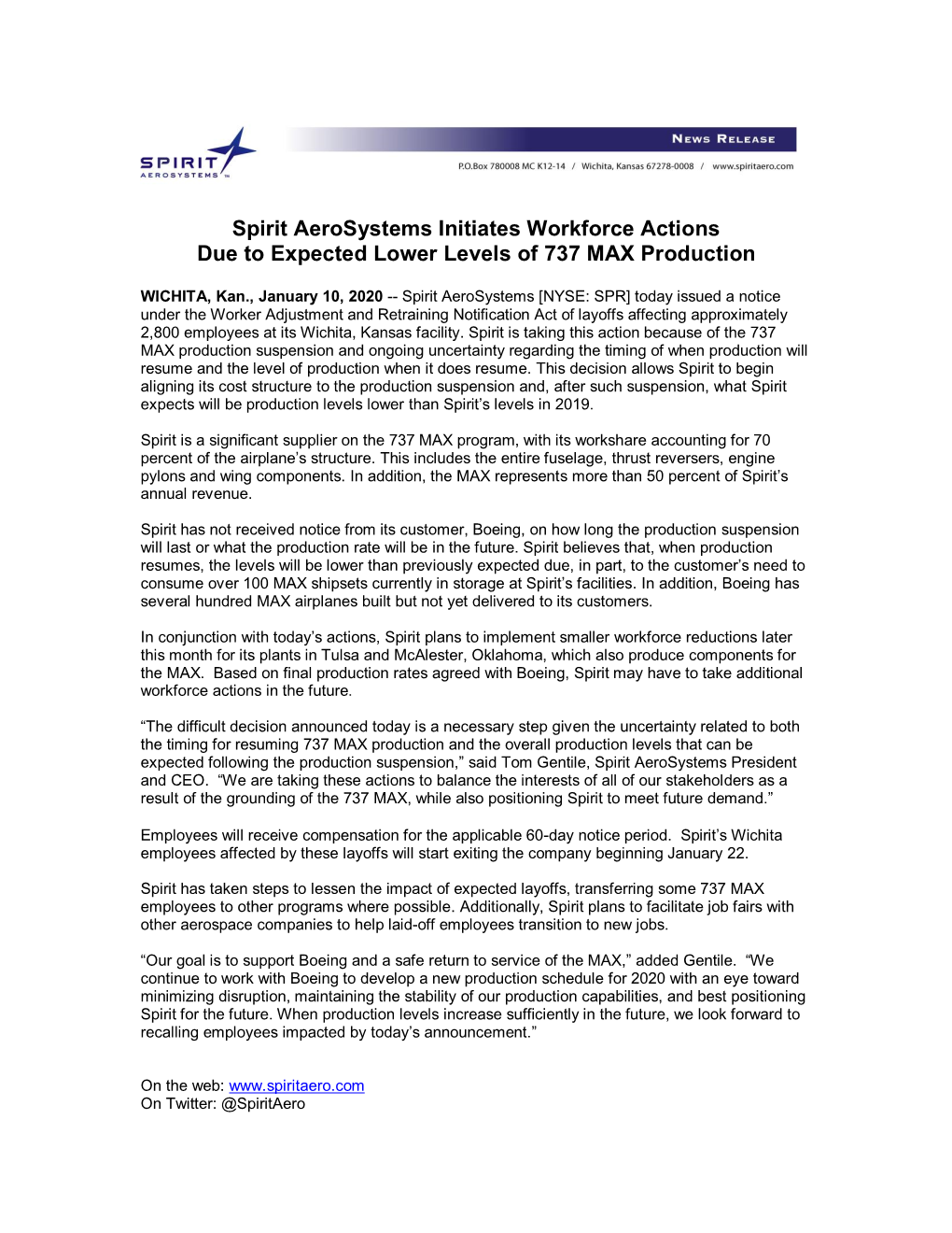 Spirit Aerosystems Initiates Workforce Actions Due to Expected Lower Levels of 737 MAX Production
