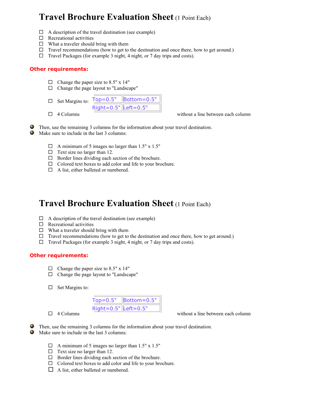 Travel Brochure Evaluation Sheet (1 Point Each)