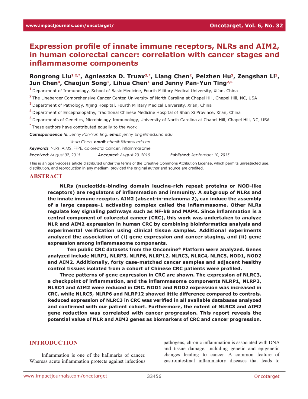 Expression Profile of Innate Immune Receptors, Nlrs and AIM2, in Human Colorectal Cancer: Correlation with Cancer Stages and Inflammasome Components