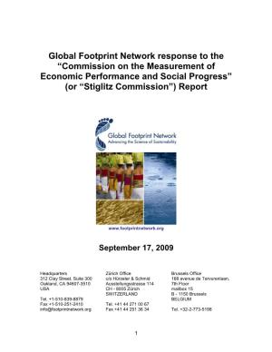 Global Footprint Network Response to the “Commission on the Measurement of Economic Performance and Social Progress” (Or “Stiglitz Commission”) Report