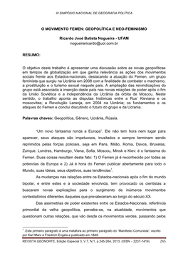 GEOPOLÍTICA E NEO-FEMINISMO Ricardo José Batista Nogueira