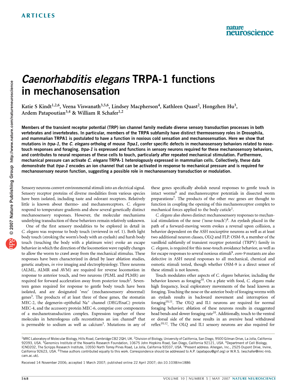 Caenorhabditis Elegans TRPA-1 Functions in Mechanosensation