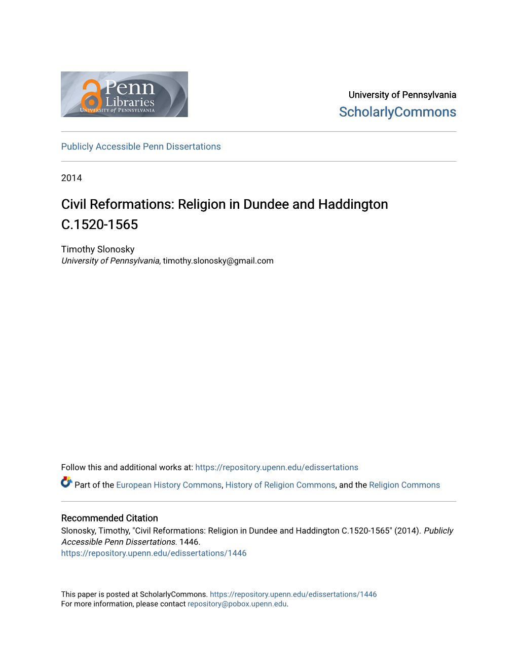 Religion in Dundee and Haddington C.1520-1565