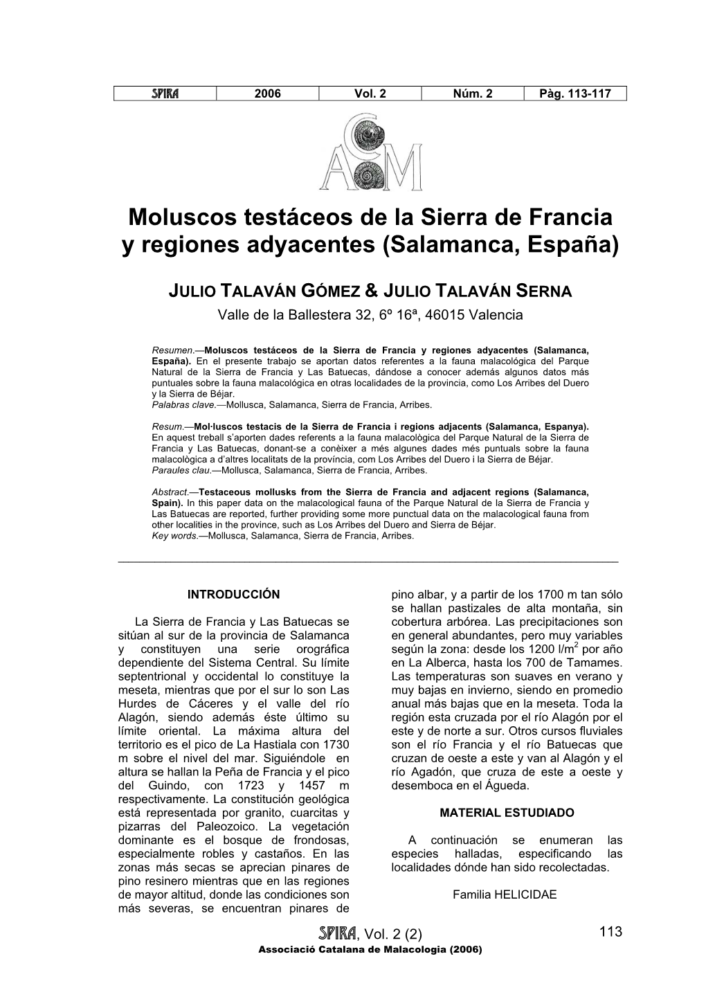Moluscos Testáceos De La Sierra De Francia Y Regiones Adyacentes (Salamanca, España)